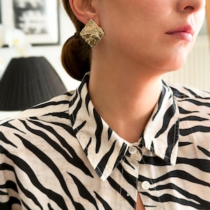 Textured Square Stud Earrings – Gold Stainless Steel Statement – Modern Geometric Earrings – Bold Hypoallergenic Jewelry