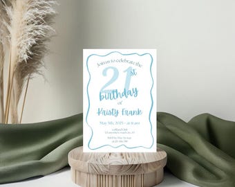 Bearbeitbar 21 Geburtstagseinladung Blau | Sofortiger Download-Vorlage einladen | Moderne blaue Geburtstagsparty Printable | Canva Vorlage