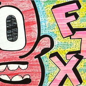 K&ouml;nnte beinhalten: Eine lebendige Illustration mit einem gro&szlig;en, stilisierten Auge mit schwarz-wei&szlig; gemusterter Iris und einem breiten, zahnigen Mund auf rotem Grund. Rechts sind die rosa Buchstaben F, I und X vor einem gelb-blauen Hintergrund zu sehen.