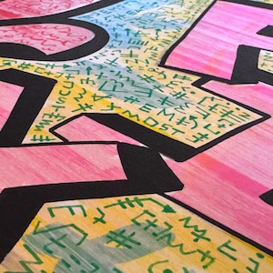 K&ouml;nnte beinhalten: Eine handgezeichnete Illustration mit fetten, rosa Blockbuchstaben, die mit dicker schwarzer Tinte umrandet sind. Der Zwischenraum zwischen den Buchstaben ist mit einem gelben Hintergrund gef&uuml;llt, der mit kleinen gr&uuml;nen Symbolen, Pfeilen und dem Wort MOST bedeckt ist.