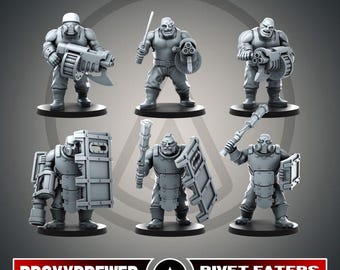 May include: Six grey miniature figures of heavily armoured soldiers, each posed differently. Some hold weapons like a large gun, sword, or shield. The figures are on black bases, with the "PROXYBREWER" logo and "RIVET EATERS" text at the bottom.