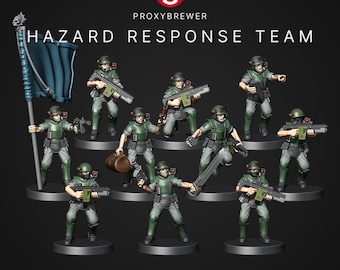 May include: A collection of miniature Hazard Response Team figures in green and grey uniforms, holding weapons. The figures are displayed on a black base. The image includes the text "HAZARD RESPONSE TEAM" and "INFANTRY BUILDING KIT". The Proxybrewer logo is also visible.