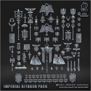 Può includere: Una collezione di figurine e accessori in miniatura grigi, tra cui scudi, spade, stendardi ed emblemi decorativi. Il testo "IMPERIAL KITBASH PACK" è in basso. Il logo Hydra Workshop è in alto a destra.