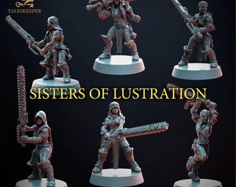 May include: Miniature figurines of armoured figures with chain weapons. The figures are on circular bases and in action poses. The text "Sisters of Lustration" is displayed in gold lettering. The figures are grey.