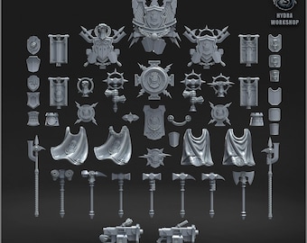 May include: A selection of grey, miniature plated arm decor pieces. The set includes shields, banners, capes, axes, hammers, and other weaponry. The text "PLATED ARM DECOR PACK" is at the bottom of the image.