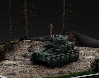 May include: A dark green miniature tank model labelled The LIC - Falcon Scout Tank, featuring a riveted metal hull, a rotating turret with a short barrel, and caterpillar tracks, displayed on a textured terrain base with sparse trees.