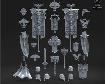 May include: A selection of grey miniature fantasy game components, including banners, shields, weapons, and bird-themed emblems. The text "BLEEDING BIRDS PACK" is at the bottom of the image.