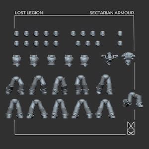 May include: A collection of grey miniature plastic model parts labelled LOST LEGION SECTARIAN ARMOUR, including various helmet designs, torso pieces, backpack units, and multiple sets of armoured leg components arranged in rows on a dark background.