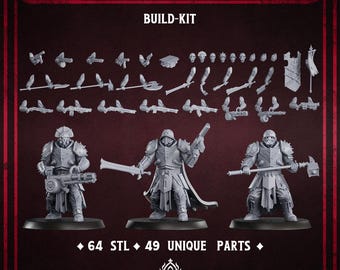 May include: A build-kit for Armorfused Warriors. The image shows three assembled figures and numerous unassembled parts, including weapons and armor. The text indicates 64 STL files and 49 unique parts. The logo for Bullet Basilica is at the bottom.
