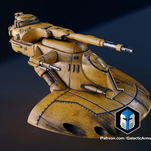 May include: A yellow and brown model of a futuristic tank with a large cannon and smaller side guns. The tank has a rounded base and a detailed, mechanical design. The text "Patreon.com/GalacticArmory" is visible.