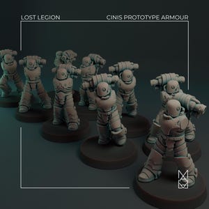 May include: A set of seven unpainted grey miniature figures in sci-fi armour, each standing on a circular base. The text LOST LEGION CINIS PROTOTYPE ARMOUR is visible at the top. The figures feature rounded helmets and segmented plating.