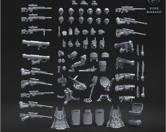 May include: A selection of grey miniature Special Forces pack components, including rifles, heads, grenades, knives, and communication devices. The text "SPECIAL FORCES PACK" is at the bottom, with the Hydra Workshop logo and contact information in the upper right corner.