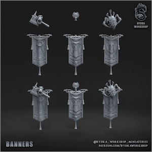 Op de afbeelding: Een verzameling grijze miniatuurvaandels, bijlen en decoratieve elementen. De vaandels hebben gedetailleerde ontwerpen met schedels, zonnen en andere sierlijke details. Het woord "Banners" staat onderaan de afbeelding.