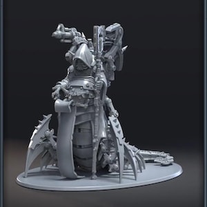 May include: A grey miniature figure of a hooded character with mechanical elements, holding a staff. The figure is on a circular base, with detailed armour and robotic elements. The design suggests a science fiction or fantasy theme, with intricate detailing.