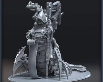 May include: A gray, detailed miniature figure of a hooded character with mechanical enhancements, holding a staff. The figure is on a circular base, with intricate armor and robotic elements. The overall design suggests a science fiction or fantasy theme.
