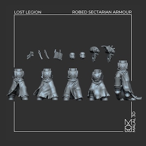 Op de afbeelding: Een set grijze miniatuuronderdelen met het label LOST LEGION ROBED SECTARIAN ARMOUR. De collectie bevat vier verschillende rompen met gewaden en riemen, twee gehelmde hoofden, twee wapenopzetstukken en diverse kleine onderdelen voor montage.