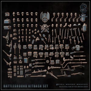 May include: A collection of miniature plastic parts for model building, labeled BATTLEGROUND KITBASH SET and HYDRA WORKSHOP. The set includes various helmets, backpacks, rifles, swords, tools, and military gear in a dark brown tone.