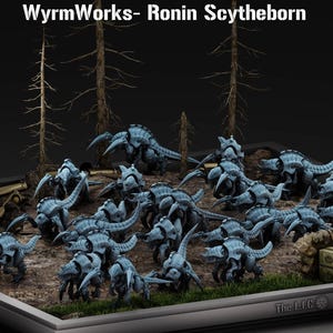 May include: A diorama featuring multiple blue and grey insectoid figures, possibly miniatures for a tabletop game. The figures are arranged on a terrain base with sparse vegetation and small trees. The text "WyrmWorks- Ronin Scytheborn" is at the top.