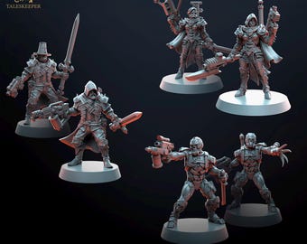 May include: A set of miniature figurines of futuristic warriors, each with detailed armour and weaponry, including swords and guns. The text "MALLEUS MALEFICARUM IN FLAMMA" is displayed at the bottom of the image.