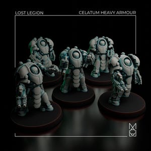May include: Five light grey miniature figures in Celatum Heavy Armour from Lost Legion. Each figure features a rounded helmet, bulky shoulder plates, and a mounted weapon on one arm. The figures stand on circular black bases against a black background.