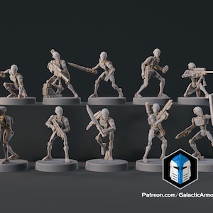 May include: Ten grey miniature figurines of futuristic soldiers in action poses. Each figure stands on a circular base and is armed with weapons like swords, rifles, and shields. The figures are set against a dark grey background.