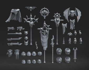 May include: A collection of unpainted grey plastic miniature gaming components including a cape, bat wings, various skull-adorned banners, staffs, shoulder pads, swords, pistols, and individual helmeted heads for assembly of fantasy tabletop figures.