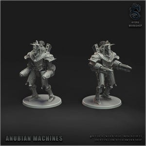 Könnte beinhalten: Zwei graue Anubian Machines Miniaturen, jeweils auf einer kreisförmigen Basis. Die Roboter haben detaillierte Rüstungen und halten Waffen. Der Text "ANUBIAN MACHINES" befindet sich am unteren Bildrand, das Hydra Workshop Logo oben rechts.