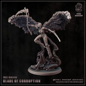 May include: A detailed miniature figurine of a female warrior with large, textured wings and a flowing cape. She is posed mid-action, holding a scythe and a blade. The base reads "BLADE OF CORRUPTION". The Hydra Workshop logo is visible.