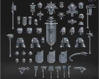 May include: A selection of grey miniature figurines and accessories, including weapons, armour pieces, and banners. The text "HEAVY METAL PACK" is displayed at the bottom. The Hydra Workshop logo is in the upper right corner.