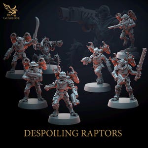 May include: A selection of grey miniature warrior figures, each on a circular base. The figures are clad in armour and carry weapons such as swords and guns. The text "DESPOILING RAPTORS" is displayed at the bottom of the image.
