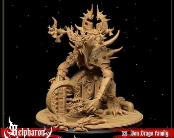 May include: A tan fantasy figurine of a horned creature with a large wheel and multiple dragon-like figures. The figurine has intricate details and is set against a black background. The text "Helpharon" and "Von Drago Family" are visible.