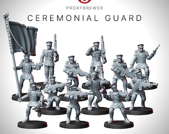 May include: A set of grey plastic miniatures depicting the Ceremonial Guard, an infantry building kit. The figures are in various poses, some holding rifles, others with swords or flags. The text "CEREMONIAL GUARD" and "INFANTRY BUILDING KIT" are visible.