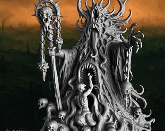 May include: A grey resin miniature figure of a monstrous entity with a central toothy maw, multiple tentacles, and a staff topped with a skull. The figure is surrounded by smaller humanoid figures and skulls. Text reads: Sculpted by: Fantasy3Dream on Kickstarter.