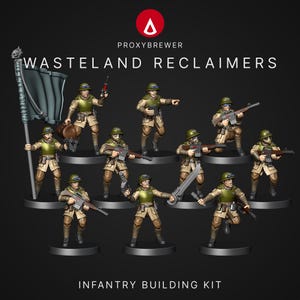 Peut inclure: Figurines miniatures de soldats en uniformes vert olive et beige, tenant des armes et de l'équipement. Le texte "Wasteland Reclaimers" et "Infantry Building Kit" est affiché. Les figurines sont sur fond noir.