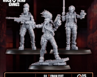 May include: Three grey miniature figures of futuristic characters, each holding weapons. The figures have mohawk hairstyles and are dressed in tactical gear. The base is 2.5 cm in diameter, and the figures are 3.3 cm from feet to eyes. The logo "ROCK HEAD GANGS" is in the upper left corner.