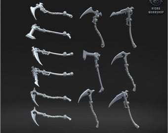 May include: A selection of grey scythe miniatures, featuring curved blades and intricate handles. The image showcases diverse designs and sizes of the scythes, with the text "PACK OF SCYTHES" at the bottom. The Hydra Workshop logo is in the upper right corner.