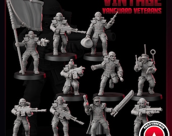 May include: A set of grey miniature figurines depicting vintage vanguard veterans. The figures are in various poses, some holding weapons, a flag, and a radio. The text "VINTAGE VANGUARD VETERANS" is displayed in red.