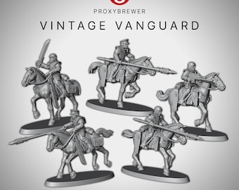 May include: A set of grey plastic miniature cavalry figures. The figures are mounted on horses and armed with swords, lances, and rifles. The text "VINTAGE VANGUARD" and "CAVALRY BUILDING KIT" are displayed. The figures are on oval bases.