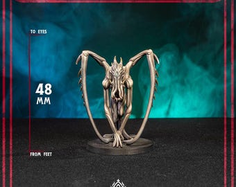 May include: A metallic miniature figure of an Abyss Beast, on a circular base. The figure has a detailed, otherworldly design with outstretched wings and a height of 4.8 cm. The text "ABYSS BEAST" is at the top.