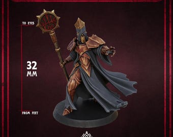 May include: A miniature Hellfallen Bishop figurine, 32 mm tall, in a dark colour scheme. The bishop is clad in bronze armour and a flowing dark blue robe, holding a staff with a circular emblem. The figure is on a round base, with the text "HELLFALLEN BISHOP" at the top.