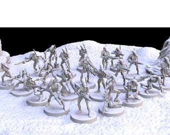 May include: A group of miniature figurines depicting futuristic soldiers, each holding weapons, arranged on a snowy base. The figures are in a neutral colour, with detailed armour and weaponry.