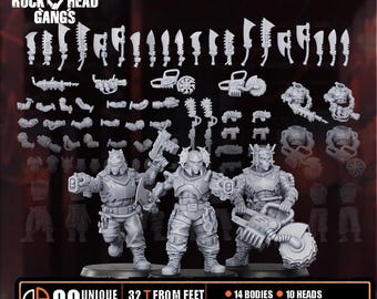 May include: A set of 90 grey miniature gaming parts labelled Rock Head Gangs, including 14 bodies, 10 heads, 10 legs, and 63 arms or weapons. The figures are 32 mm from feet to eyes, featuring various blades, firearms, and chainsaw-like tools.