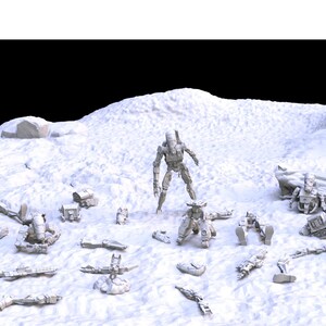 Op de afbeelding: Een futuristische scène met een humanoïde robotfiguur die staat temidden van verspreide, gebroken mechanische componenten op een besneeuwd landschap. Het monochrome kleurenschema en de gedetailleerde texturen creëren een gevoel van verlatenheid.