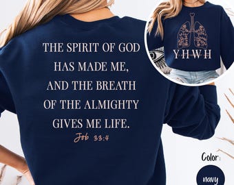 Job 33:4 christelijk sweatshirt, cadeau kerkkleding, Jezus houdt van jou, bijbelvers ronde hals, religieus geloof, beachy christelijke esthetiek