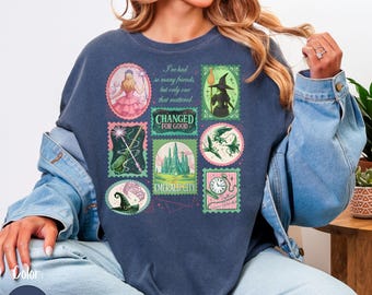 Retro Wicked Stamps Comfort Colors® Tee, Defying Gravity Tee, Elphaba Glinda Wizard, Witch Pink and Green T-shirt, Musical Broadway Shirt