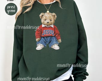 Jesus Loves Me Teddy Bear Crewneck, Trendy Faith Apparel Gift, Jesus Loves You Bible Verse, Aesthetic Christian Sweatshirts, Church Hoodie