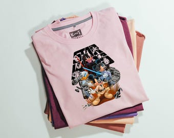 Disney Star Wars Parody T-Shirt Mickey, Minnie, Donald in Galactic Battle – Funny Cartoon Graphic Tee -Unisex Shirt for Disney & Sci-Fi Fans