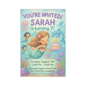 Postales de cumpleaños de sirena, invitaciones submarinas, papelería para fiestas infantiles, tarjetas de celebración divertidas, anuncio de séptimo cumpleaños