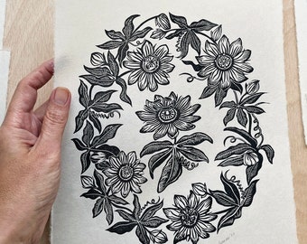 Botanical linocut print of a Passiflora plant for wall decor