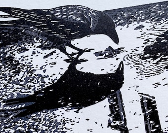 Raven block print. Bird in the city  original hand pulled print